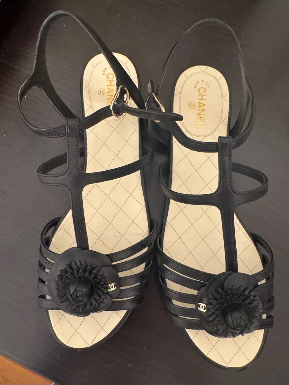 CHANEL Camellia T-Strap Sandals 39